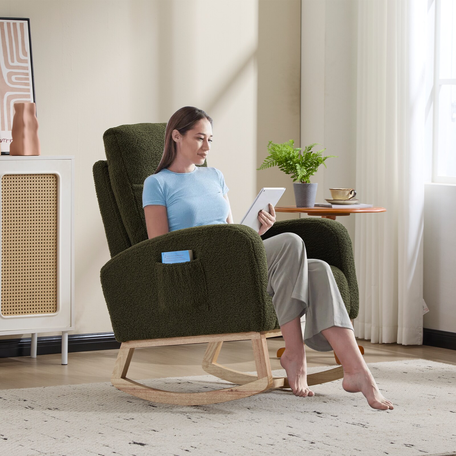 Modern Accent Rocking Chair Rocking Chair With Solid Wood Legs, Upholstered Nursery Glider Rocker, Comfy Armchair With Side Pocket, Living Room Lounge Arm Chair With High Backrest (Dark Green,teddy)_voghion.com